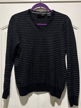 Neiman Marcus Black V-Neck Sweater with Thin Gray Stripes
